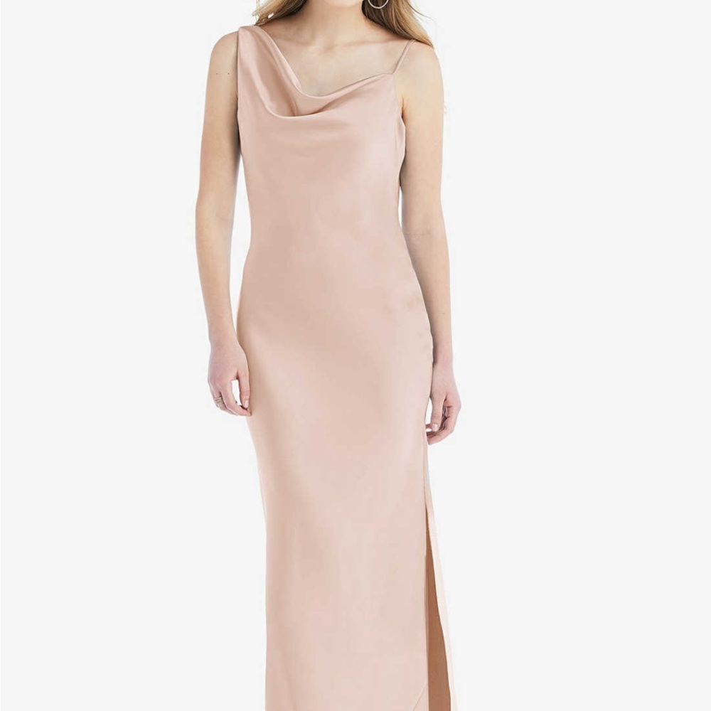 Asymmetrical one-shoulder cowl maxi slip dress in cameo